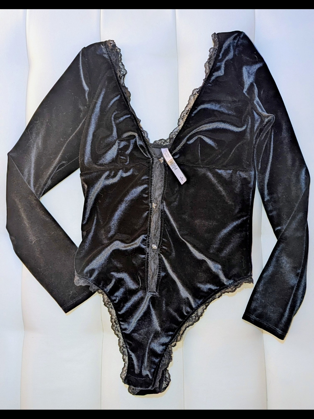 Victoria's Secret Black Velvet Lace-Trim Bodysuit with Jewel Buttons